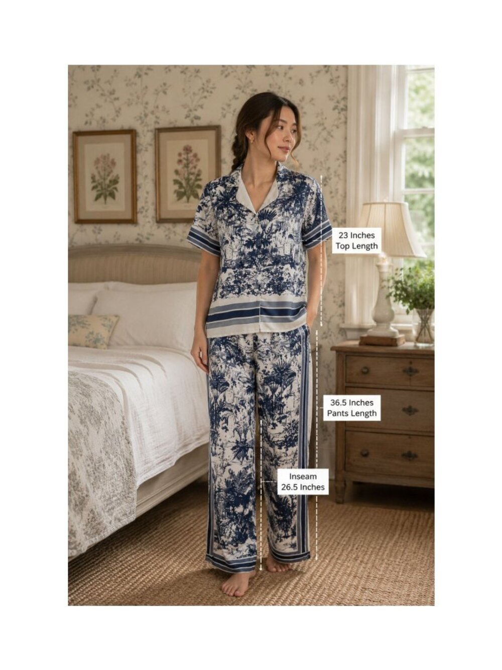 2CE Sleepwear Small 2-Piece Pajama Set Blue White Satin Toile French Cottage*Rea - Picture 3 of 16